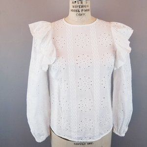 Pretty Crisp White Cotton Eyelet Lace Ruffled Sleeve Ladies Blouse Size XS